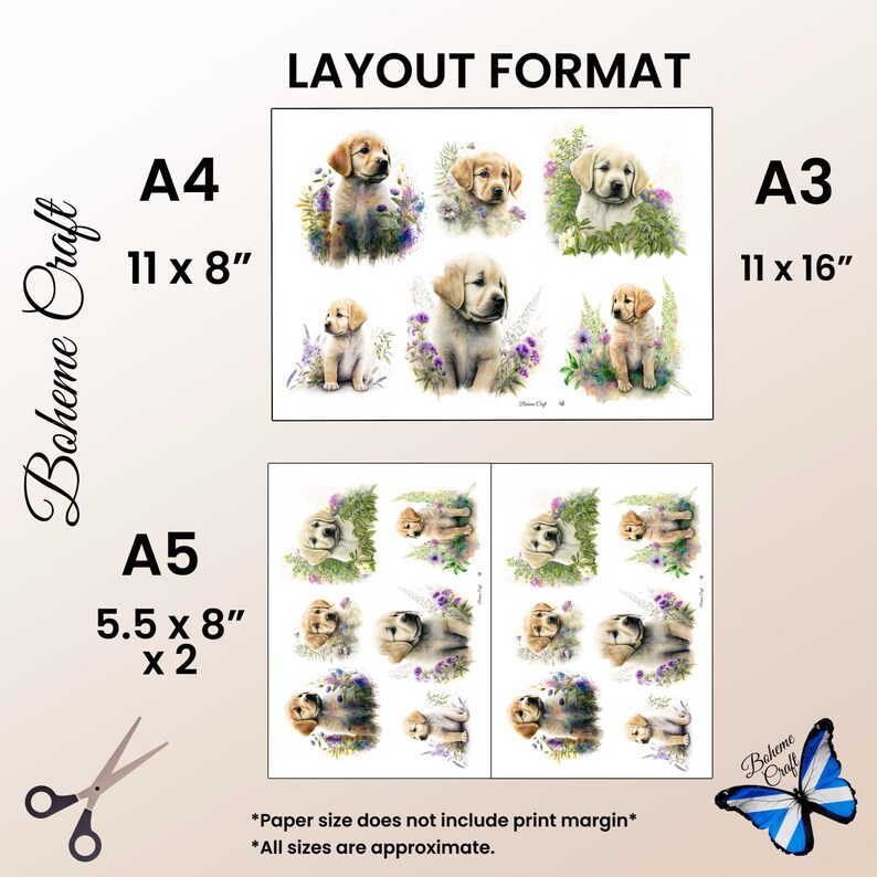 May include: A layout format sheet featuring multiple illustrations of golden retriever puppies surrounded by purple and green flowers. The text includes Boheme Craft, A4 11 x 8 inches, A3 11 x 16 inches, A5 5.5 x 8 inches x 2, and paper size notes.