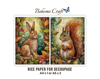 Woodland Animal Rice Paper Decoupage: Squirrel Rabbit Autumn Decor, Scrapbook Journal Paper Craft Sheet