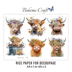 Verspieltes Reispapier mit Hochlandrindmotiv für Decoupage, florale Rindercollagen, Scrapbooking, Kartenherstellung und Tagebücher