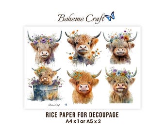 Whimsical Highland Cow Rice Paper for Decoupage Floral Cattle Collage Scrapbooking Card Making Journals