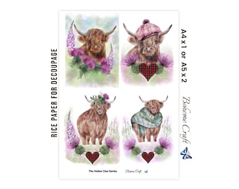 Scottish Highland Cow Rice Paper For Decoupage With Thistles Tartan Plaid Hearts Heilan Clan