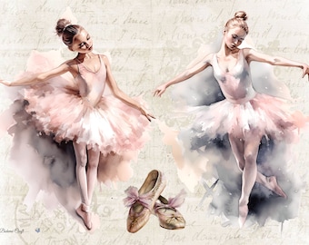 May include: Watercolor painting of two ballerinas in pink tutus and pointe shoes. The dancers are in graceful poses, with arms outstretched. The background is a soft, textured beige with script writing. A pair of ballet shoes with pink ribbons are in the foreground.