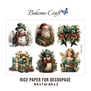 Op de afbeelding: Een vel rijstpapier voor decoupage met zes kerstafbeeldingen: een sneeuwman, de Kerstman, een groene strik met rode bloemen, een cadeau, een pinguïn en een engel. Tekst: Boheme Craft en Rice Paper for Decoupage.
