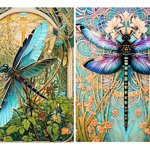 May include: Two side-by-side illustrations featuring dragonflies. The left image shows a blue-winged dragonfly over green foliage. The right image displays a symmetrical dragonfly with iridescent blue and purple wings against a floral background.