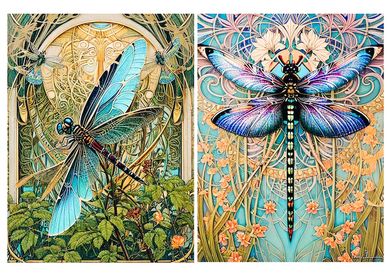 May include: Two side-by-side illustrations featuring dragonflies. The left image shows a blue-winged dragonfly over green foliage. The right image displays a symmetrical dragonfly with iridescent blue and purple wings against a floral background.