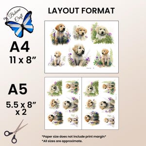 May include: A digital layout format sheet featuring multiple illustrations of golden retriever puppies surrounded by flowers. The top section shows A4 11 x 8 inch sizing, while the bottom section displays A5 5.5 x 8 x 2 inch sizing. The Boheme Craft logo is visible.