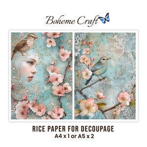 May include: Two sheets of rice paper for decoupage featuring Boheme Craft branding. The designs display a light blue background with pink cherry blossoms, intricate white lace patterns, a bird, and a human face. Text reads: Rice paper for decoupage, A4 x 1 or A5 x 2.