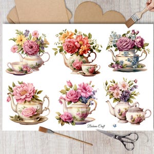 Vintage Flowers In Teafiliers Rice Paper Do Decoupage, Shabby Chic Scrapbooking Ephemera, Dzienniki, Tworzenie Kartek I Dekoracyjne Rzemiosło Papierowe