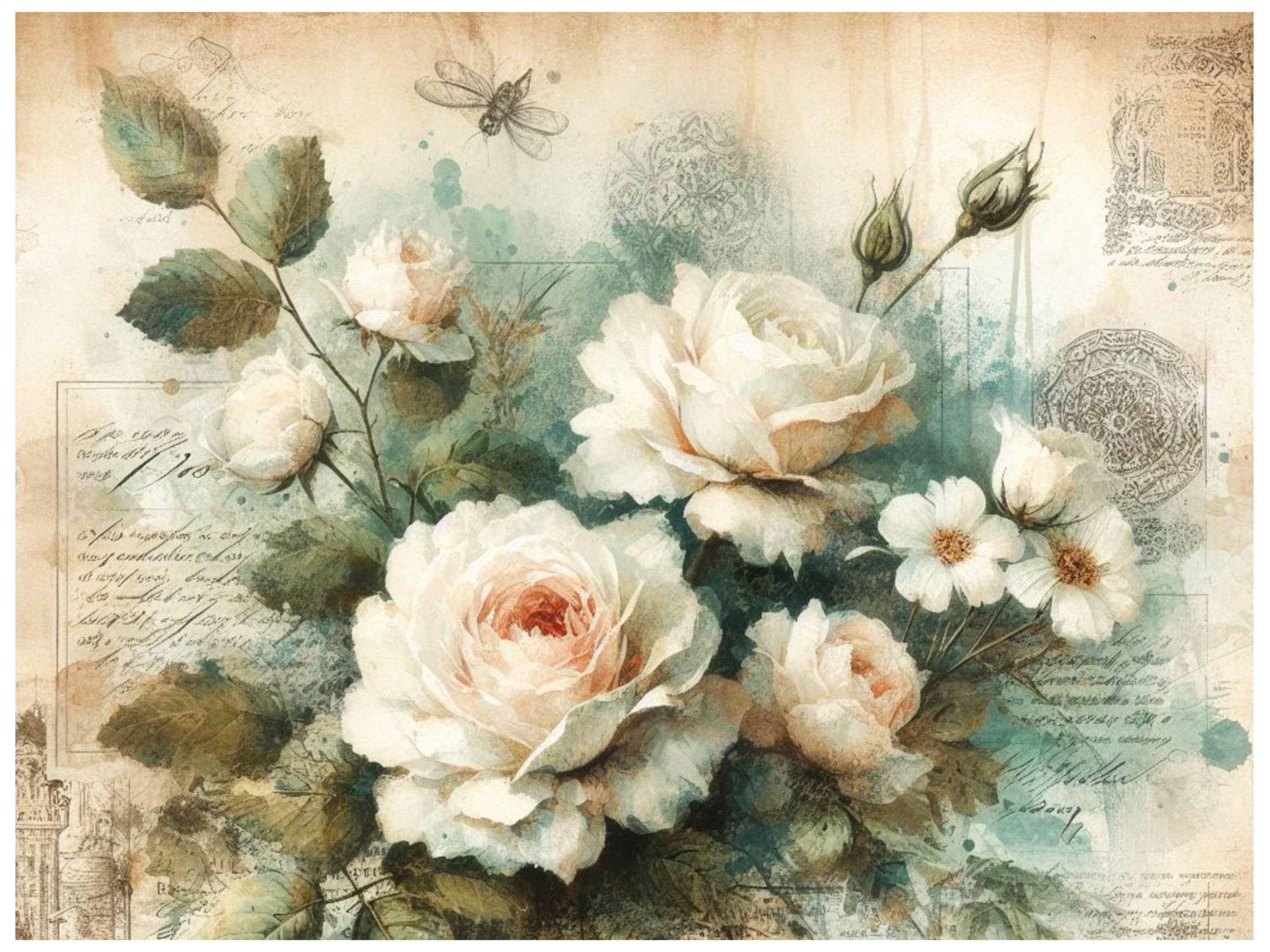 White Vintage Rose Rice Paper For Decoupage, Scrapbooking, Journals, Card Making And Decorative Paper Crafts