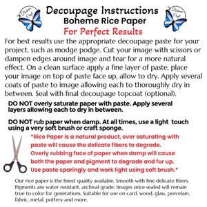 May include: Instructions for using Boheme Rice Paper for decoupage projects. The text explains how to use the paper, including tips for applying paste and avoiding over-saturation. It also mentions that the paper is archival grade and water resistant.