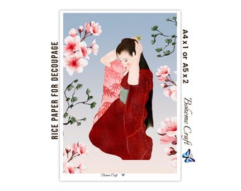 Rice Paper for Decoupage:Japanese Cherry Blossom Geisha, DIY Crafts,Oriental Decor,Journalling,A4/A5