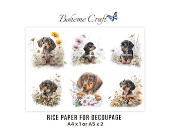 Dachshund Dog Art Rice Paper For Decoupage,  Sausage Dogs In Cottage Garden Flowers