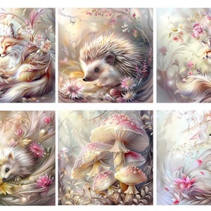 May include: A set of six square wall art prints featuring illustrations of foxes, hedgehogs, and mushrooms surrounded by soft-toned flowers and foliage in shades of pink, cream, and brown, presented in a grid layout with a light, ethereal aesthetic.
