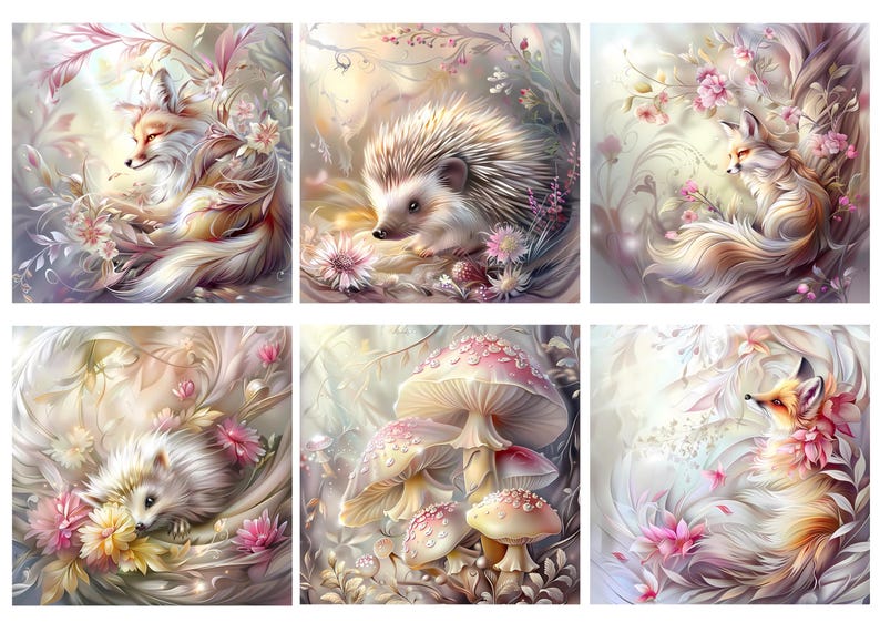 May include: A set of six square wall art prints featuring illustrations of foxes, hedgehogs, and mushrooms surrounded by soft-toned flowers and foliage in shades of pink, cream, and brown, presented in a grid layout with a light, ethereal aesthetic.