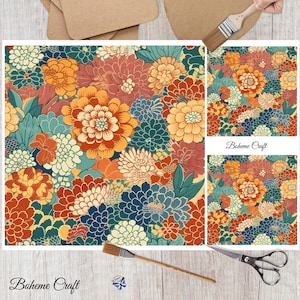 May include: A repeating floral pattern featuring dense clusters of chrysanthemums in shades of orange, deep red, teal, and cream. The design includes the text Boheme Craft. The image displays the pattern layout alongside a paintbrush and scissors.