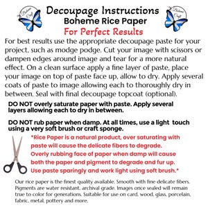 May include: A white instructional sheet for Boheme Rice Paper featuring black text and two blue butterfly icons. The document provides step-by-step decoupage guidance, including warnings against over-saturation and rubbing, plus a scissor icon.