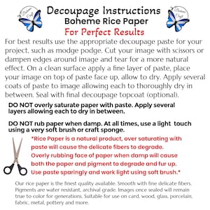 May include: A white instructional sheet titled Decoupage Instructions Boheme Rice Paper featuring two blue and white butterfly logos. The text provides guidance on using decoupage paste, cutting techniques, and handling delicate rice paper fibers.
