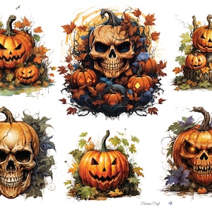 May include: Watercolor illustrations of Halloween-themed pumpkins and skulls. The pumpkins are carved with various spooky faces and surrounded by autumn leaves. The artwork has a vintage, artistic style, perfect for seasonal decor.