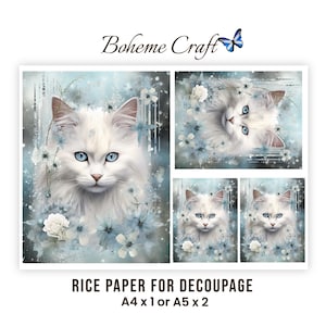 May include: A sheet of rice paper for decoupage featuring a white cat with blue eyes surrounded by blue and white flowers. The text Boheme Craft is at the top with a butterfly icon. The text Rice Paper for Decoupage A4 x 1 or A5 x 2 is at the bottom.
