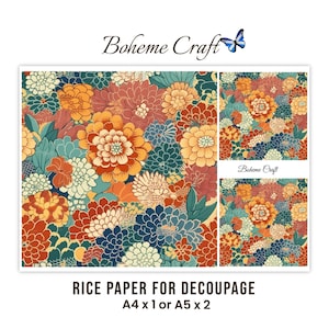 May include: Rice paper for decoupage featuring a dense floral pattern with chrysanthemums in shades of orange, deep red, teal, and cream. The text Boheme Craft appears with a blue butterfly icon. The sheet sizes are labeled as A4 x 1 or A5 x 2.