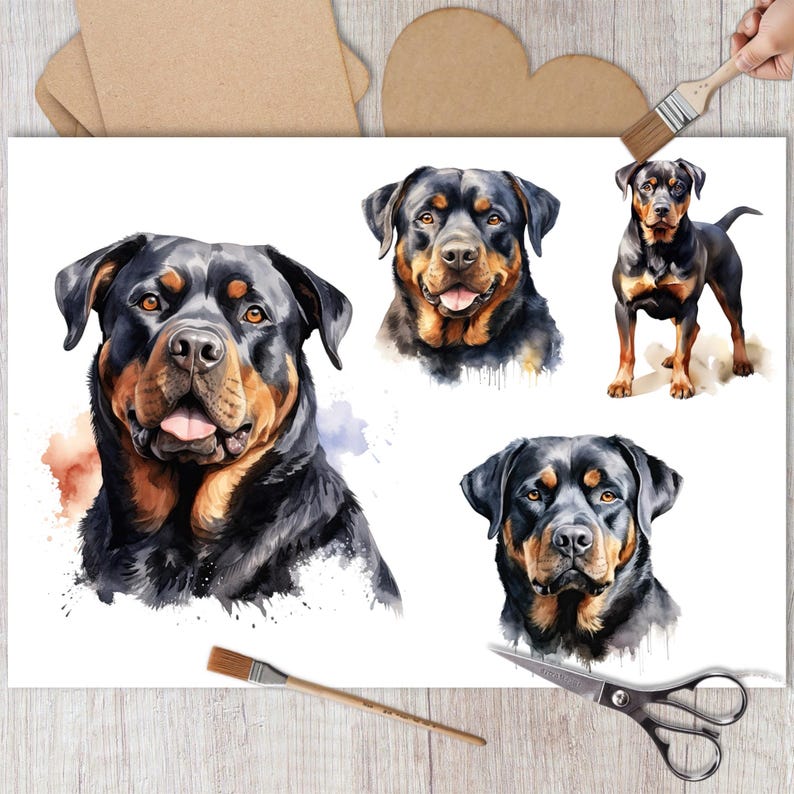 May include: A collection of watercolor illustrations featuring Rottweiler dogs in various poses, including two close-up portraits and one full-body standing view, all displaying the breed's characteristic black and tan coat markings.