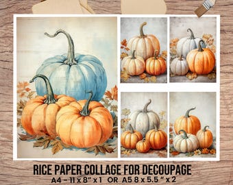 May include: A rice paper collage for decoupage featuring various illustrations of pumpkins and autumn leaves. The text reads: RICE PAPER COLLAGE FOR DECOUPAGE A4 - 11 x 8 inches x 1 OR A5 8 x 5.5 inches x 2. Boheme Craft.