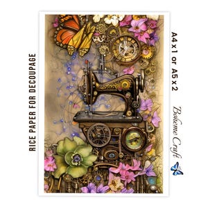 May include: A sheet of rice paper for decoupage featuring a vintage sewing machine surrounded by orange butterflies, pink and green flowers, and clockwork gears. The text reads RICE PAPER FOR DECOUPE, A4x1 or A5x2, and Boheme Craft with a butterfly icon.