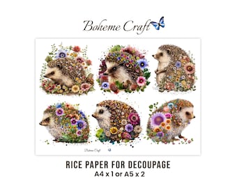 Woodland Animal Rice Paper for Decoupage, Boho Floral Hedgehog Nursery Collage Print A4/A5