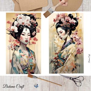 May include: Two digital art prints of geishas. The geishas wear ornate kimonos and floral hairpieces. The artwork features a soft color palette with pink, white, and blue accents. The prints are set against a light yellow background. The bottom left corner of the image has the text "Boheme Craft".