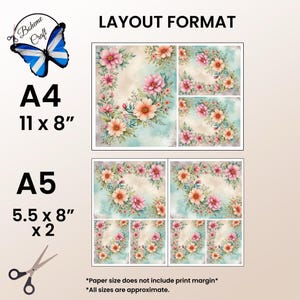 May include: A layout format for a floral design with a light blue background. The design is divided into four sections, with each section featuring a corner design of pink and orange flowers. The layout is for A4 paper, which is 11 inches by 8 inches, and A5 paper, which is 5.5 inches by 8 inches. The text "LAYOUT FORMAT" is at the top of the image.