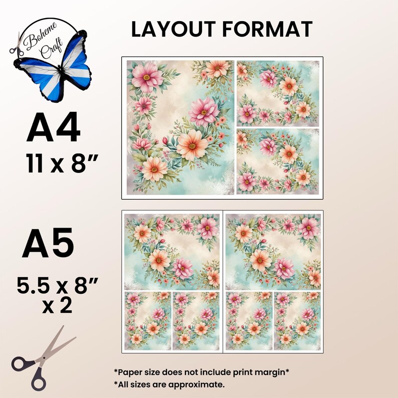 May include: A layout format for a floral design with a light blue background. The design is divided into four sections, with each section featuring a corner design of pink and orange flowers. The layout is for A4 paper, which is 11 inches by 8 inches, and A5 paper, which is 5.5 inches by 8 inches. The text "LAYOUT FORMAT" is at the top of the image.