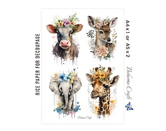 Floral  Animals Rice Paper for Decoupage: A4/A5 Watercolor Collage Sheet