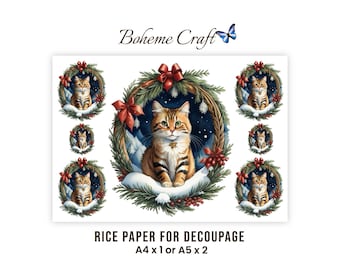 Christmas Cat Rice Paper Mulberry Tissue Craft Sheet Tabby Cat Holiday Crafts For Decoupage Card Making Journals And Festive DIY Decor