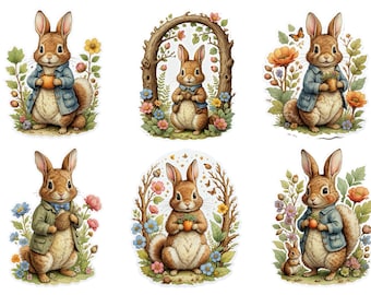 May include: Six illustrations of brown rabbits wearing clothing and holding objects in a garden setting. The rabbits are surrounded by flowers, leaves, and other plants.