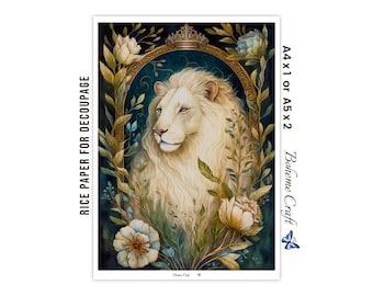 May include: A sheet of rice paper for decoupage featuring a white lion centered within an ornate oval frame topped with a crown, surrounded by floral elements. Text reads RICE PAPER FOR DECOUPE, A4x1 or A5x2, and Boheme Craft with a butterfly icon.
