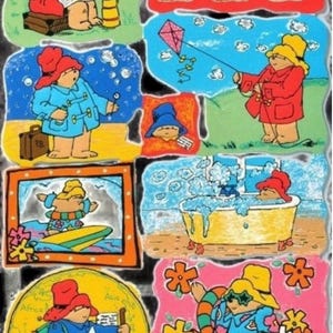 Troqueles de papel para álbumes de recortes antiguos Paddington Bear on Holiday, decoupage de Paddington Mamelok, Inglaterra, 1907