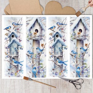 Dekoracyjny papier ryżowy do decoupage'u / Kolaż z niebieskim domkiem dla ptaków / Tkanina morwowa / Scrapbooking / Tworzenie kartek / Dekoracja DIY z ptakami