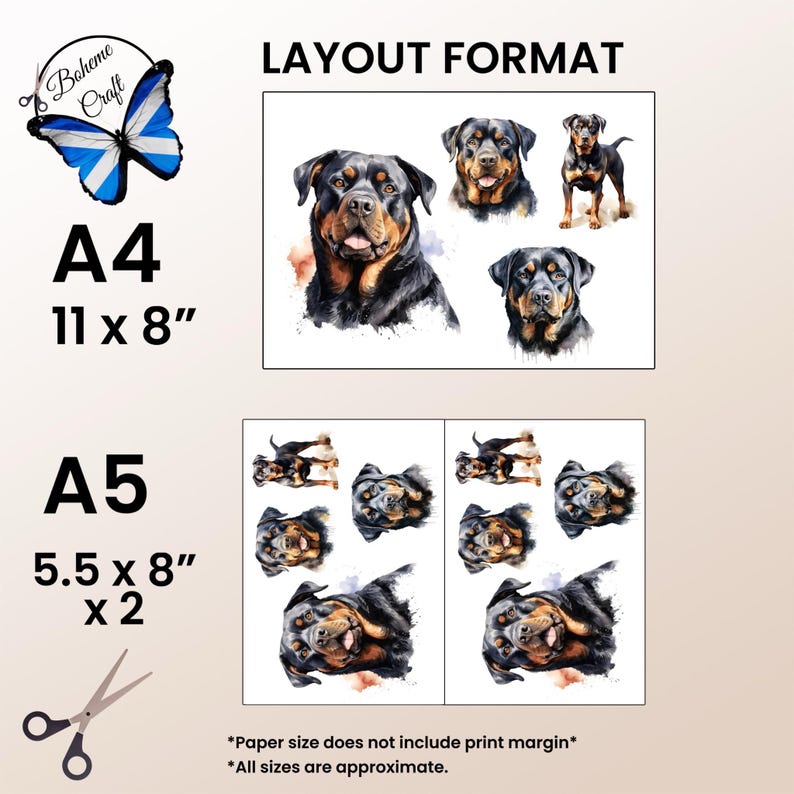 May include: A digital layout sheet featuring watercolor-style illustrations of Rottweiler dogs. The A4 section displays four dog images, while the A5 section shows two columns of smaller dog images. Text includes LAYOUT FORMAT, A4 11 x 8", A5 5.5 x 8" x 2.