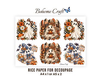 Ilustracje na Halloween, papier ryżowy z motywem ducha Boo do decoupage'u, dekoracje sezonowe, dzienniki, formaty A4 i A5
