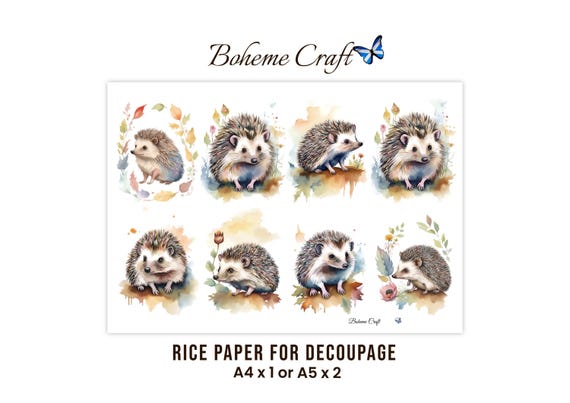 Hedgehog Rice Paper Decoupage Whimsical Animal Art Botanical Print Collage Sheet A4 or A5