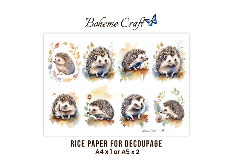 K&ouml;nnte beinhalten: Ein Bogen Reispapier f&uuml;r Decoupage mit acht verschiedenen Aquarellillustrationen von Igeln. Die Motive zeigen Igel, umgeben von Herbstbl&auml;ttern und floralen Elementen. Der Text Boheme Craft erscheint oben und unten auf dem Blatt.
