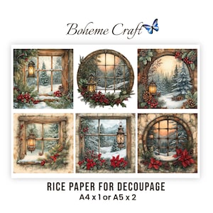 May include: A sheet of rice paper for decoupage featuring six distinct winter scenes of windows looking out onto snowy landscapes with lanterns, pine cones, and red poinsettias. The text Boheme Craft is at the top, with Rice Paper for Decoupage A4 x 1 or A5 x 2 at the bottom.