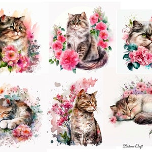 Rijstpapier voor decoupage, katten met roze bloemen, plakboeken, tijdschriften, verschillende maten en papiersoorten beschikbaar.