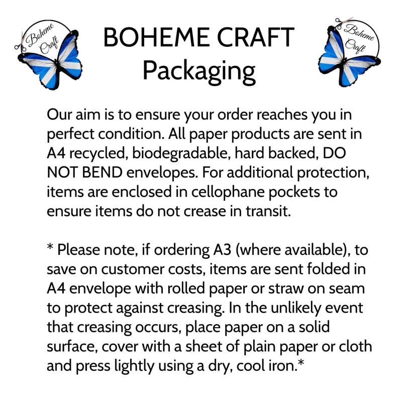 May include: White background with the text "BOHEME CRAFT Packaging". The text is accompanied by butterfly graphics. The text describes the packaging process, including the use of A4 recycled envelopes and cellophane pockets.