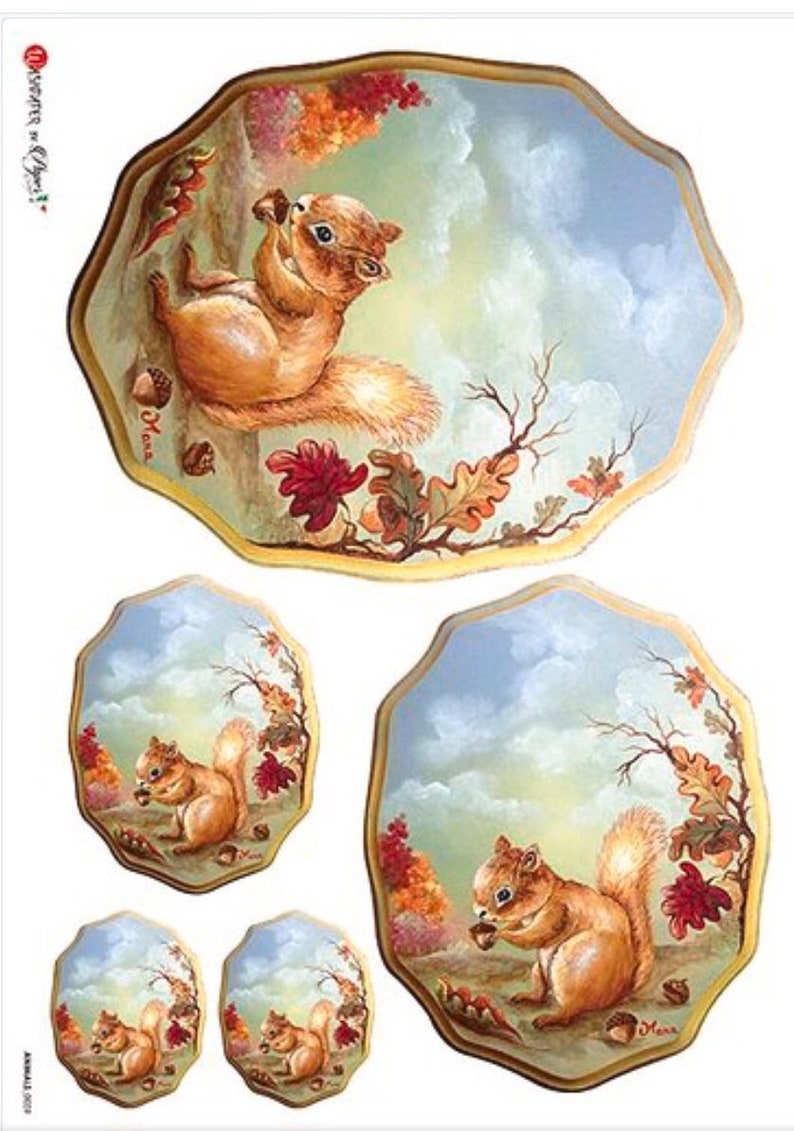 May include: Four oval-shaped, decorative plates with a gold trim. Each plate features a painting of a squirrel holding an acorn in a forest setting with autumn leaves. The plates are different sizes.