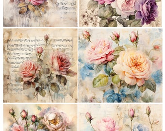 Carta di riso con rose vintage per decoupage, scrapbooking, diari, creazione di biglietti e lavori di carta decorativi.