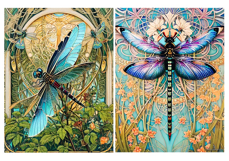 May include: Two side-by-side illustrations featuring dragonflies. The left image shows a blue-winged dragonfly over green foliage. The right image displays a symmetrical dragonfly with iridescent blue and purple wings against a floral background.
