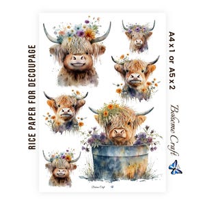 Farm Animal Rice Paper Decoupage Tissue , Highland Cows in Country Cottage Garden Flowers Collage For  Card Making, Scrapbooking, Journals