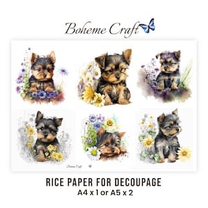 Dog Decoupage Rice Paper, Yorkshire Terrier In Wildflowers Collage, Decorative Paper Craft Sheet