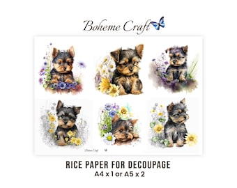 Dog Decoupage Rice Paper, Yorkshire Terrier In Wildflowers Collage, Decorative Paper Craft Sheet